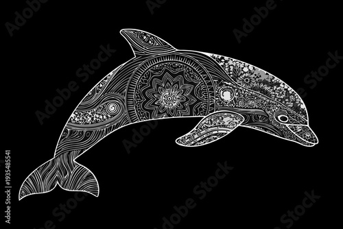 Intricate mandala design forming the shape of a swimming dolphin