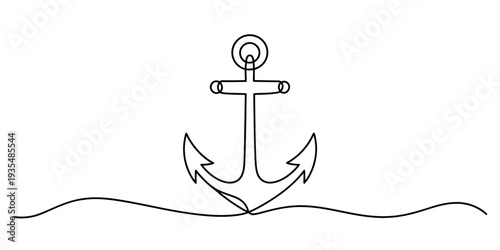Simple line art drawing of a nautical anchor resting on a single wavy line representing water. Vector, illustration