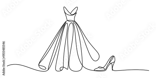 Continuous line drawing of an elegant ball gown dress and a high heel shoe on a white background.