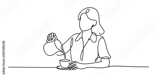 Minimalist continuous line drawing of a woman pouring a drink into a cup at a table. Vector, illustration