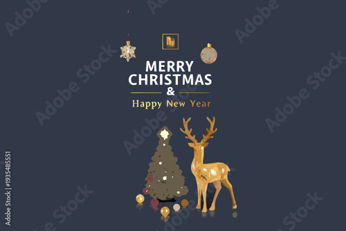 Festive christmas and new year greetings with deer and ornaments