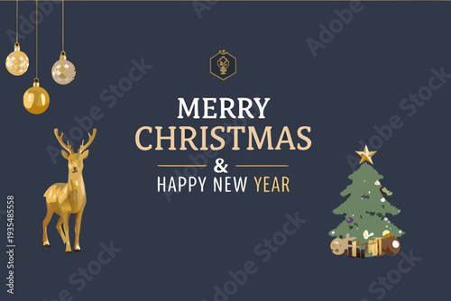 Festive christmas and new year greeting with deer tree and ornaments