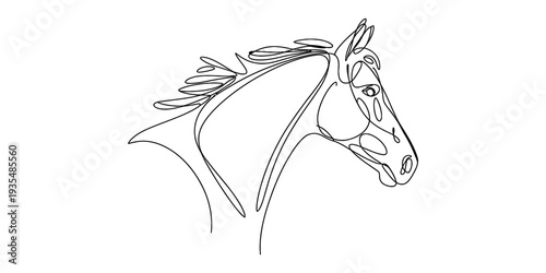 Simple line drawing of a horse head profile with a flowing mane on a white background.
