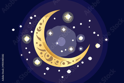 A golden crescent moon shines brightly amidst stars and a dark nebula