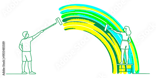 Illustration of a man and a woman painting a colorful rainbow with rollers and brushes. Vector, illustration