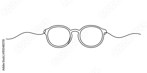 Minimalist continuous line art illustration of classic round spectacles on a white background. Vector, illustration