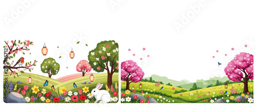 Colorful children storybook illustration art captures vibrant tropical landscape with blooming flower trees playful animals and magical nature adventure scene.