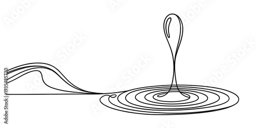 Continuous line drawing of a water droplet splashing into a calm surface with ripples. Vector, illustration