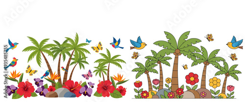 Colorful children storybook illustration art captures vibrant tropical landscape with blooming flower trees playful birds and magical nature adventure scene.