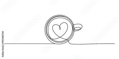 Continuous line drawing of a coffee cup with a heart shape inside on a white background. Vector, illustration