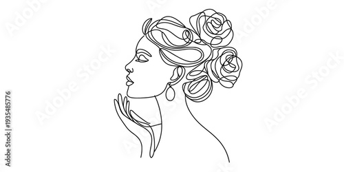 Elegant line art illustration of a woman's profile with roses in her hair and a hand near her face. Vector, illustration