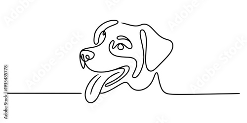 Continuous line drawing of a happy dog's head with its tongue hanging out in a minimalist style. Vector, illustration