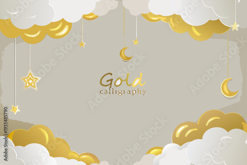 Golden celestial design featuring clouds moons and stars with calligraphy