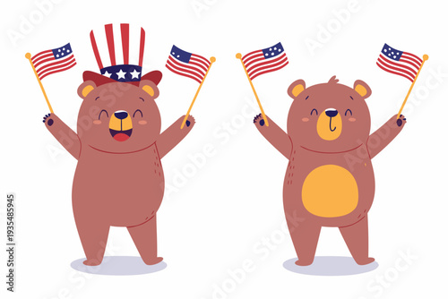 Two cartoon bears wave american flags and wear patriotic uncle sam hats