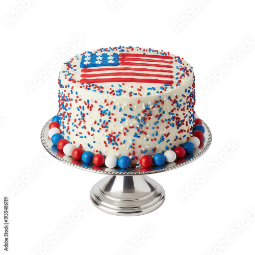 A beautifully decorated cake with american flag colors and patriotic designs isolated on transparent background, isolated on white background