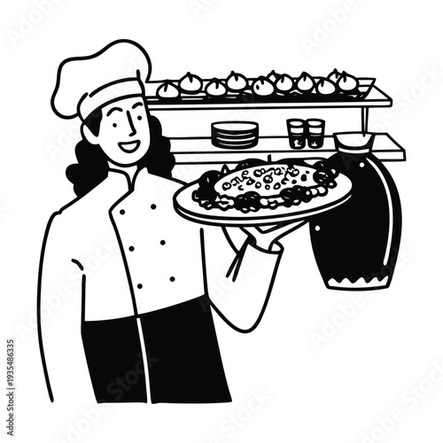 Vector illustration of chef holding pizza