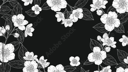 Elegant floral frame featuring white hand-drawn jasmine blossoms and dark leaves on a black background with central copy space for text.