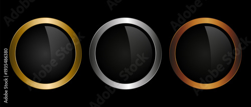 Golden and silver blank button badges, Golden silver medals awards, 3d metal badges for achievements, Shiny round frame stamps