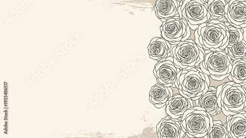 Artistic background featuring a cluster of detailed line-art roses along the right edge on a textured beige surface with copy space.