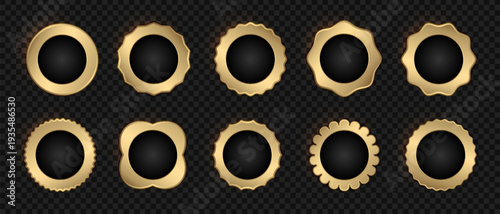 Gold medal badges of various shapes on a dark background, 3D golden buttons stars and ovals, Quality badge metal sticker