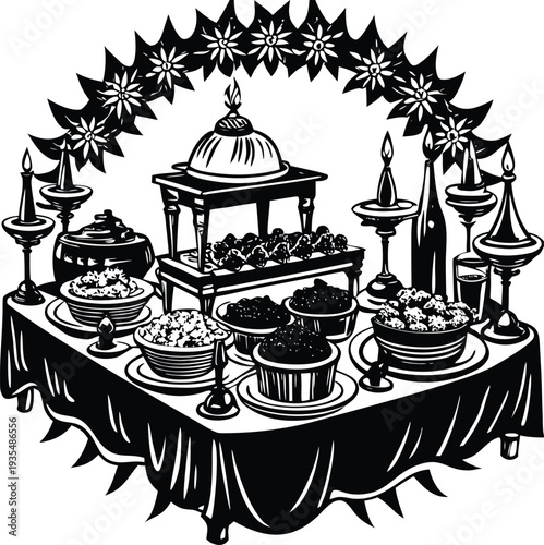 Vector illustration of a buffet table with food and decorations