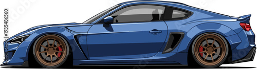 Blue sports car profile view showcasing speed and performance on a clean white background