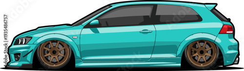 Vector illustration of a teal car with bronze wheels viewed from the side on a white background