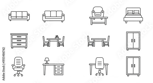 Collection of hand drawn furniture icons for interior design.