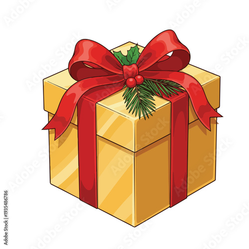 Golden Gift Box with Red Ribbon Decoration.