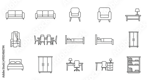 Collection of hand-drawn furniture sketches for interior design.
