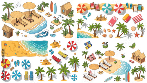 Tropical beach resort travel collection vector showcasing summer vacation leisure paradise island coastline relaxation map illustration set for tourism design.