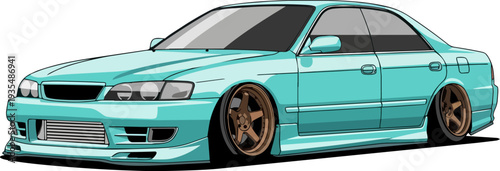 Illustration of a teal car with bronze wheels on a white background from a low angle viewpoint