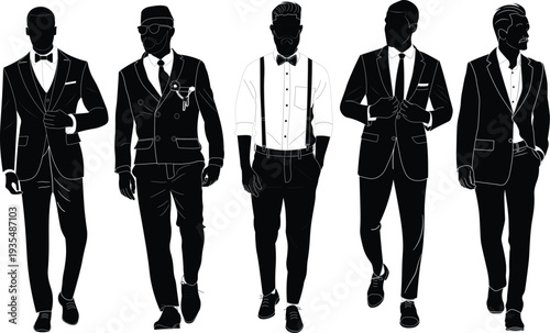 Vector illustration of a diverse group of stylish gentlemen walking forward together