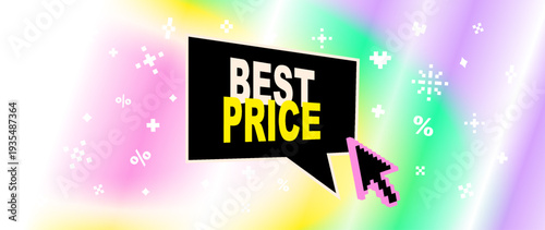 Rainbow holographic gradient sale background with pixel sparkles, percentage pattern. Best Price speech bubble clicked by retro cursor pointer. Y2K ecommerce promotion backdrop, online shopping banner