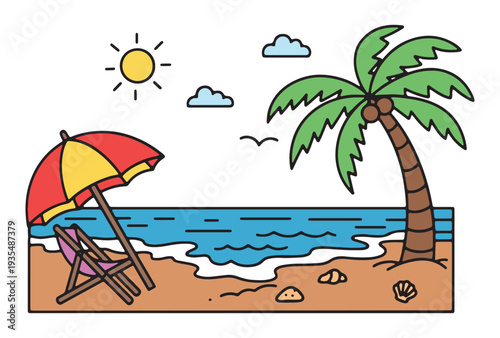 Relaxing summer beach scene with lounge chair umbrella and palm tree in flat line art vector illustration