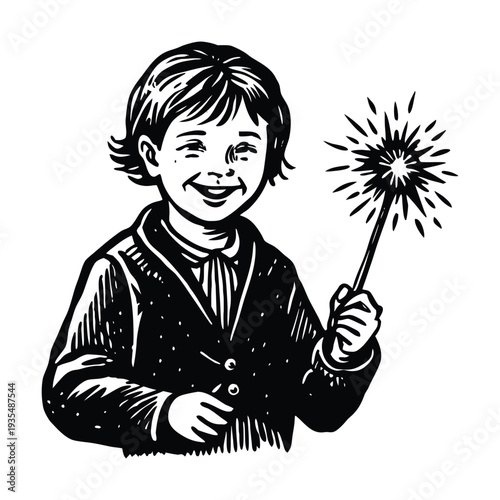 Vector illustration of a smiling child holding a sparkler
