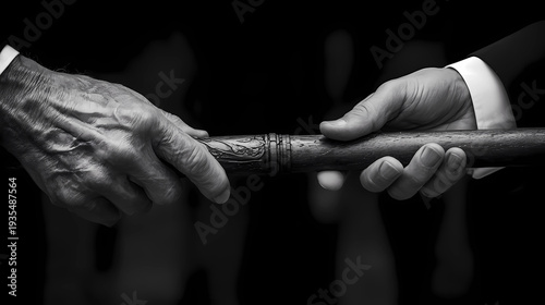 Close up of leadership succession concept with hands passing a baton in a professional setting, Generative AI illustrations.
