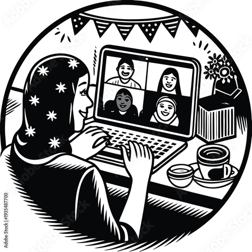 Vector illustration of woman in hijab video conferencing on laptop