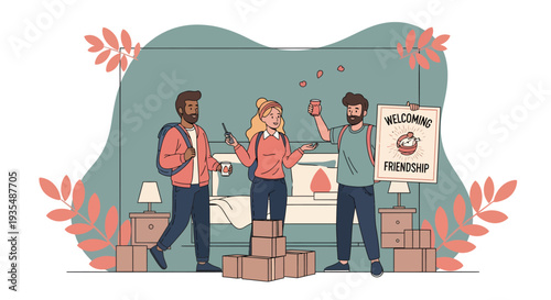 Friends moving into a new home together, celebrating with a welcome sign.