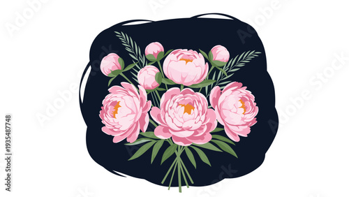 Beautiful bouquet of blooming pink peonies and buds arranged against a dark navy blue organic shape for sophisticated floral posters.