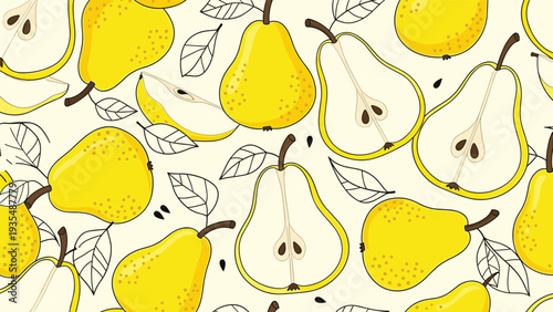 Fresh seamless pattern featuring whole and halved yellow pears with leaves and seeds in a cheerful hand-drawn style for kitchen decor.