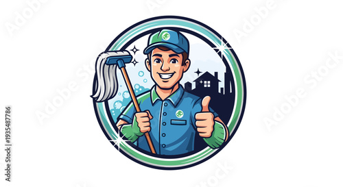 Friendly male cleaner with mop giving thumbs up in a circular logo.
