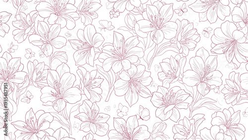 Delicate seamless pattern of blooming lily flowers in soft pink line art for romantic and feminine botanical background textures.