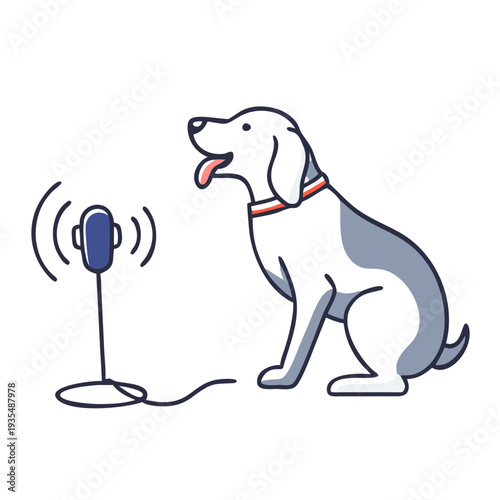 Dog barking into a microphone in a playful cartoon style  