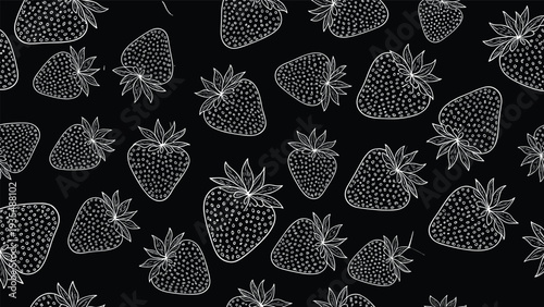 Striking seamless pattern featuring detailed white strawberry line art on a solid black background for high-contrast food themed designs.