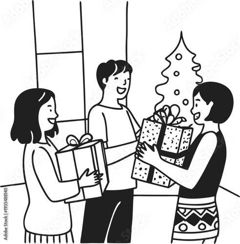 Vector illustration of three people exchanging Christmas gifts