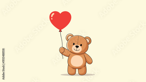 Cute brown teddy bear holding a bright red heart-shaped balloon isolated on a warm beige background for Valentine Day cards.