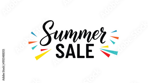 Bright summer sale brush lettering with colorful decorative elements on a white background for advertising or promotion.