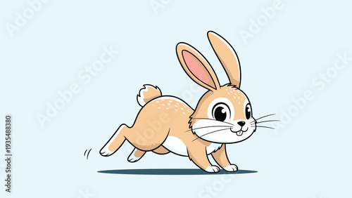 Cute cartoon rabbit running happily on a light blue background for children's books or nursery decor projects.