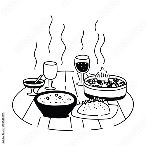 Vector illustration of a dinner table with food and wine